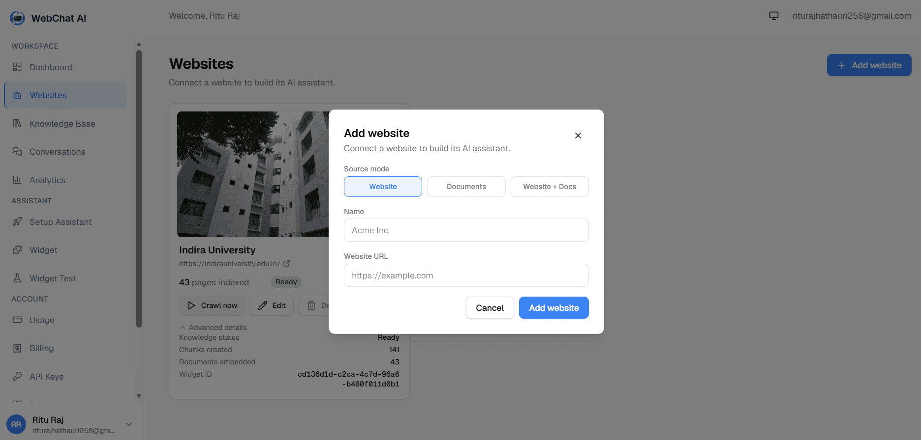 Source Selection Modal in WebChat AI