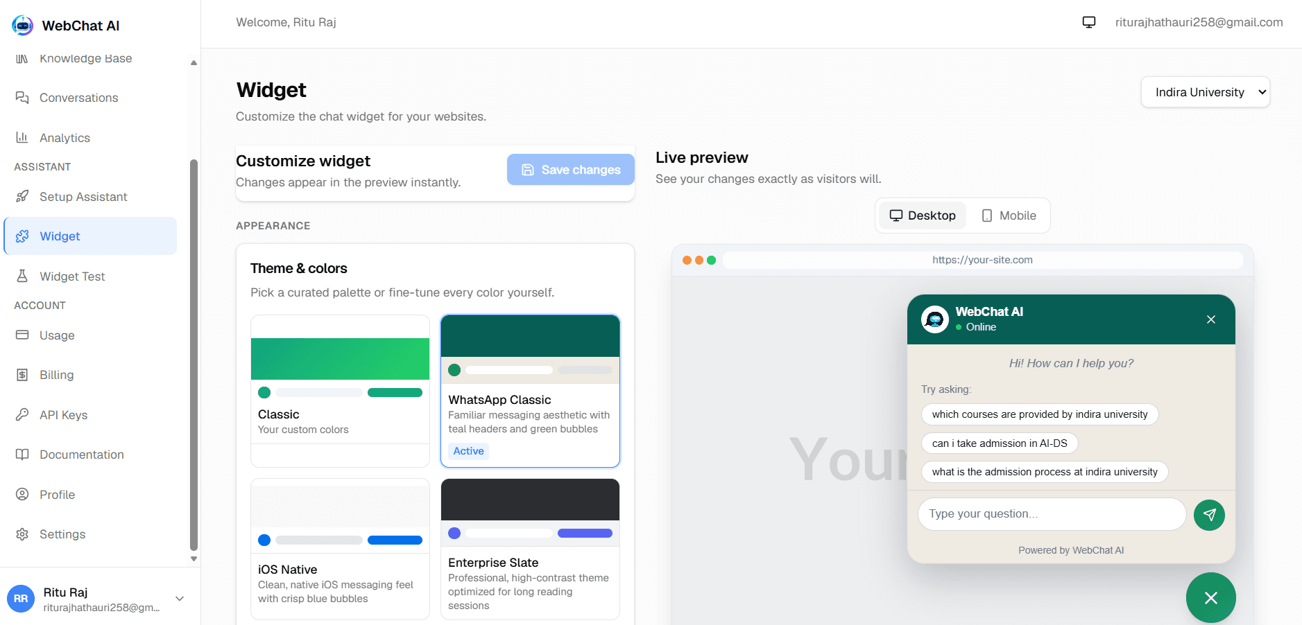 WebChat AI Widget Customization Builder
