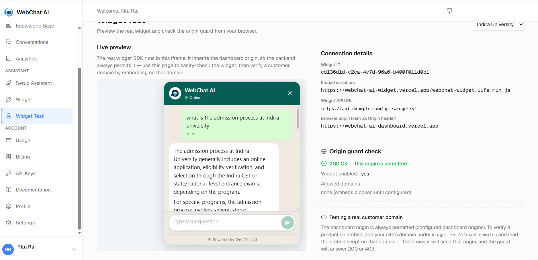 WebChat AI Dashboard Widget Test Page